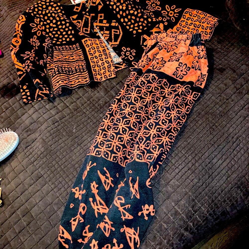 1980’s Vintage MC Hammer parachute pants a button up crop top shoulder pad shirt